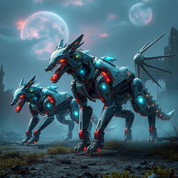 A futuristic scene featuring robotic animal monsters, merging elements of technology and nature