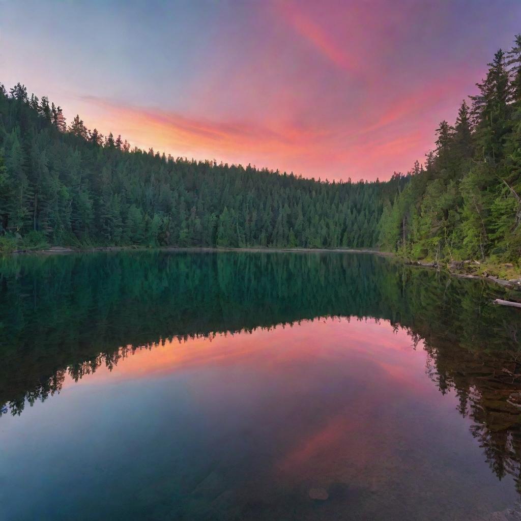 A vibrant sunset over a calm, crystal-clear lake surrounded by a dense, untouched forest.