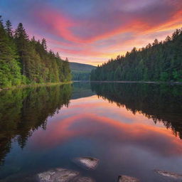 A vibrant sunset over a calm, crystal-clear lake surrounded by a dense, untouched forest.