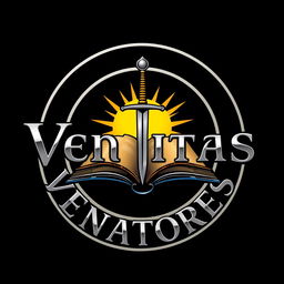 A logo featuring the phrase 'Veritas Venatores' in silver and gold, wrapped in a circle