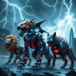 A dynamic scene featuring a blend of robotic animals and monsters in a futuristic landscape