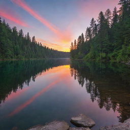 A vibrant sunset over a calm, crystal-clear lake surrounded by a dense, untouched forest.