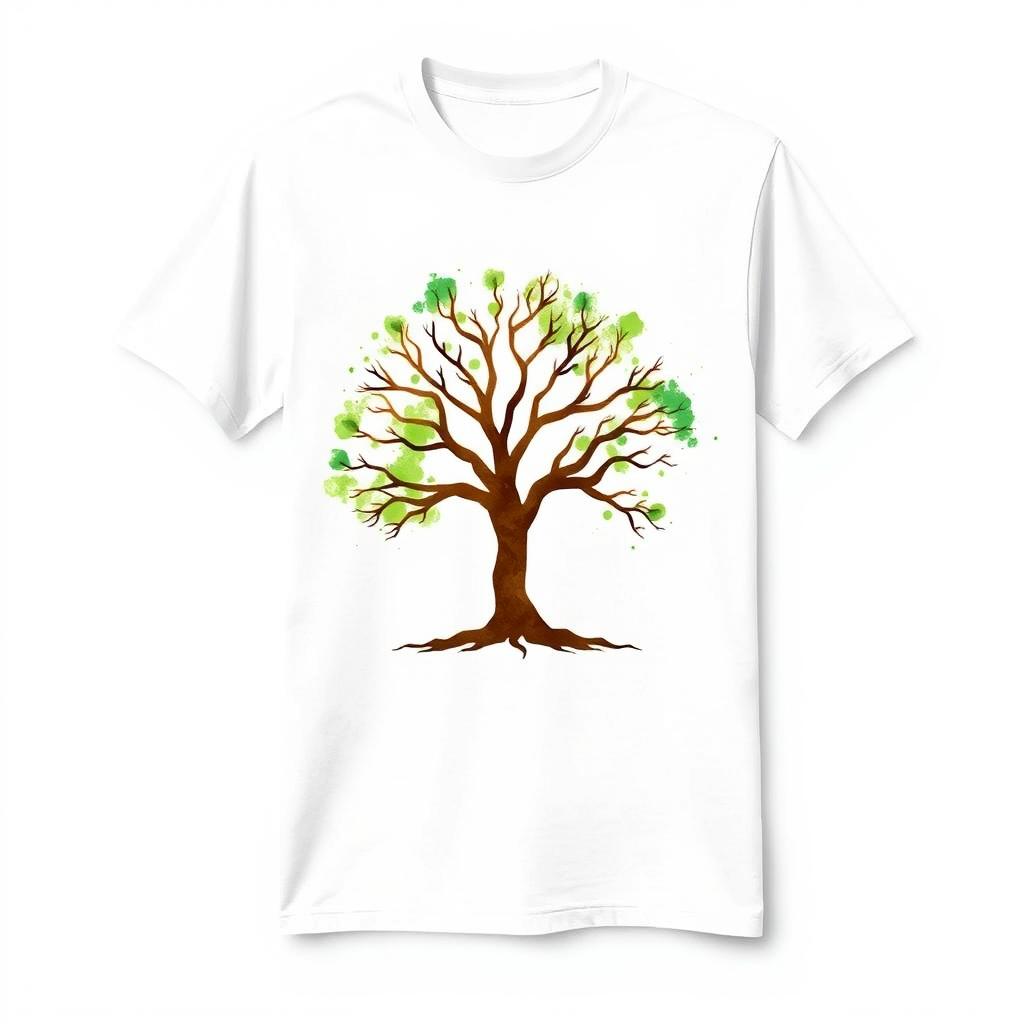 A simple yet elegant design for a white T-shirt using spray paint style, featuring a bold tree logo at the center