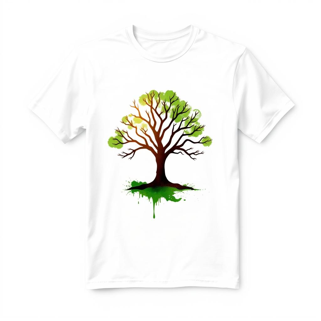 A simple yet elegant design for a white T-shirt using spray paint style, featuring a bold tree logo at the center