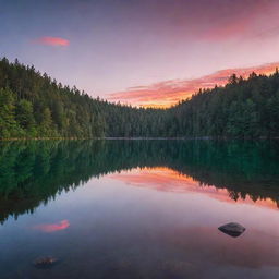 A vibrant sunset over a calm, crystal-clear lake surrounded by a dense, untouched forest.