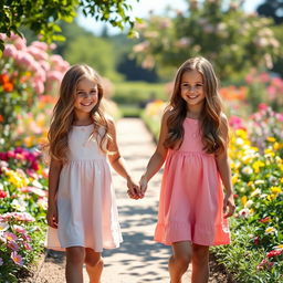 Two identical twin sisters holding hands