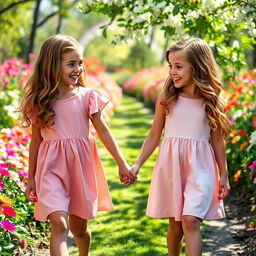 Two identical twin sisters holding hands