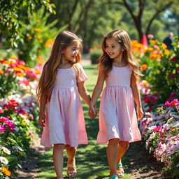 Two identical twin sisters holding hands