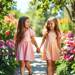 Two identical twin sisters holding hands