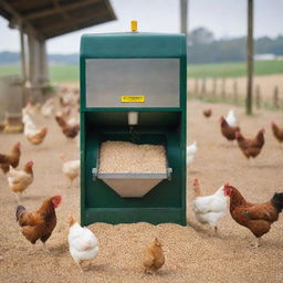 An automatic chicken feed dispenser in a bustling farm setting, filled with grains, regulated by sophisticated machinery with chickens pecking happily