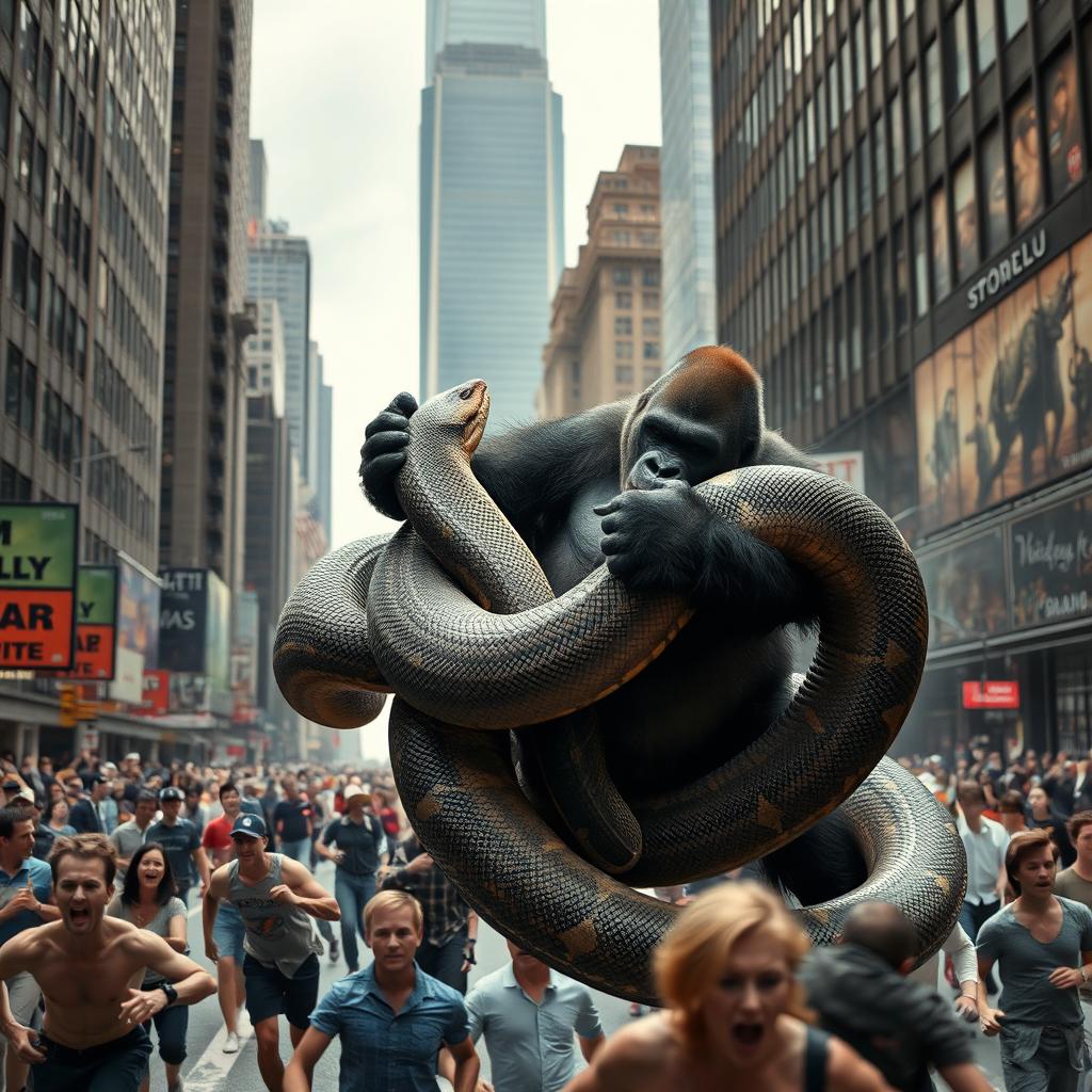 A powerful and intense scene of a gorilla engaged in a battle with a massive anaconda snake amidst an urban city setting