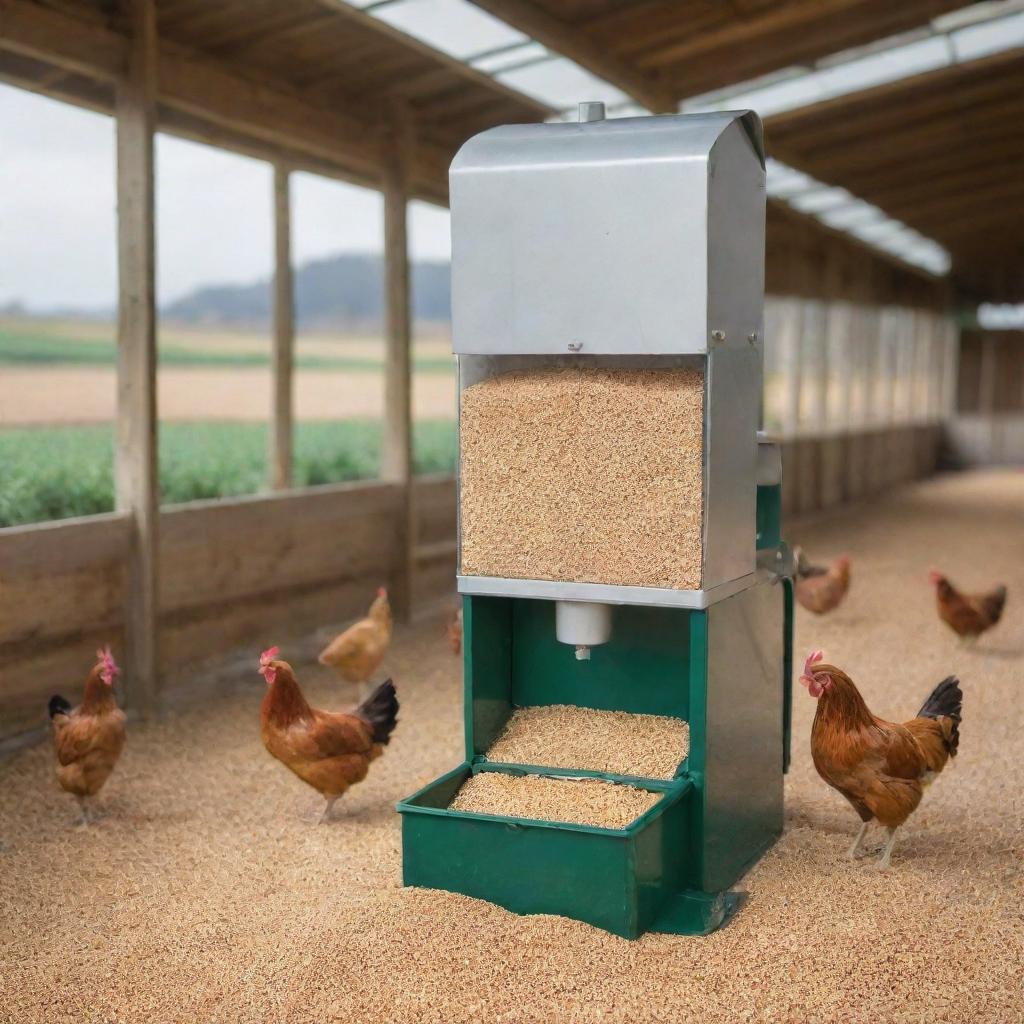 An automatic chicken feed dispenser in a bustling farm setting, filled with grains, regulated by sophisticated machinery with chickens pecking happily