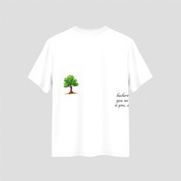 A simple white T-shirt design using spray paint style, featuring a small tree logo on the left chest area