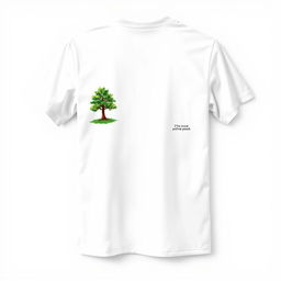 A simple white T-shirt design using spray paint style, featuring a small tree logo on the left chest area