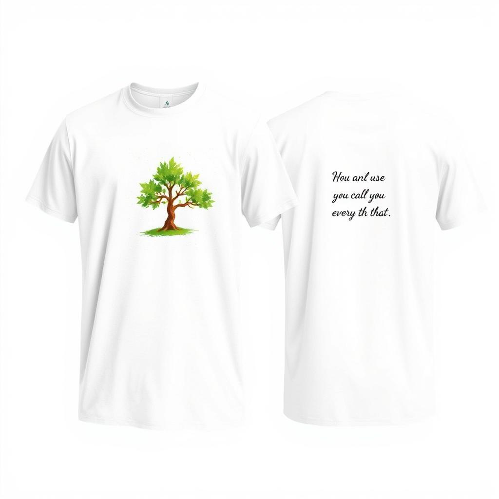 A simple white T-shirt design using spray paint style, featuring a small tree logo on the left chest area