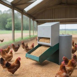 An automatic chicken feed dispenser in a bustling farm setting, filled with grains, regulated by sophisticated machinery with chickens pecking happily