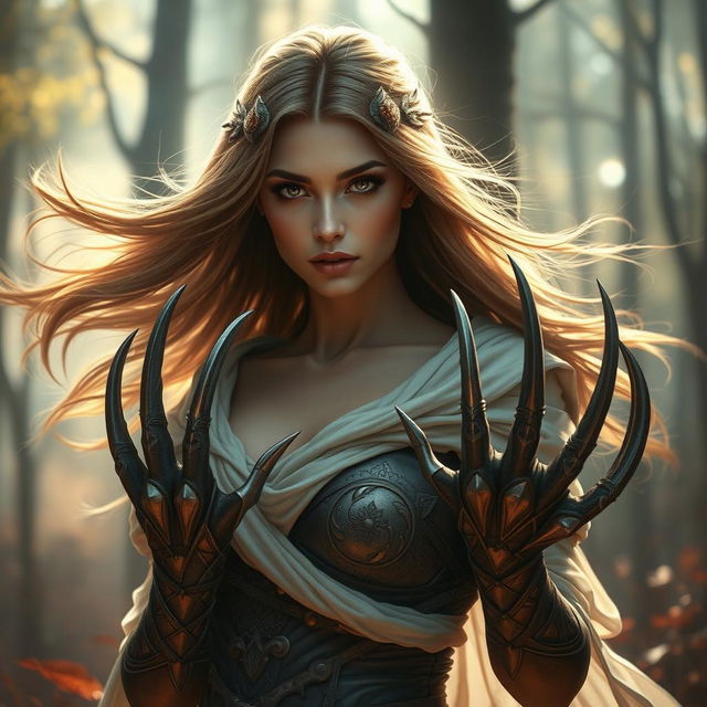 A stunning woman with captivating eyes and elegant features, showcasing an intriguing element of fantasy with large, sharp claws