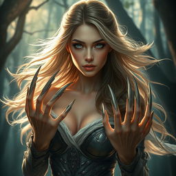 A stunning woman with captivating eyes and elegant features, showcasing an intriguing element of fantasy with large, sharp claws