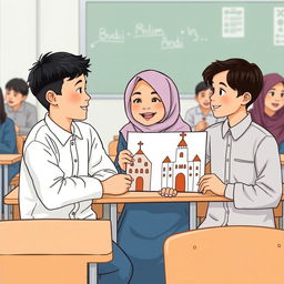 A classroom setting with desks and chairs, featuring students Budi (Muslim), Rina (Christian), Andi (Muslim), and other students