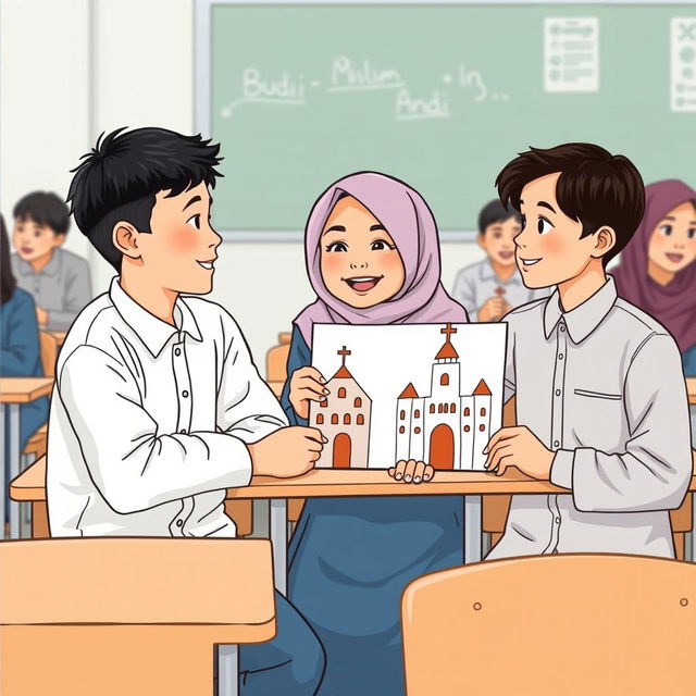 A classroom setting with desks and chairs, featuring students Budi (Muslim), Rina (Christian), Andi (Muslim), and other students