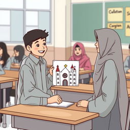 A classroom setting with desks and chairs, featuring students Budi (Muslim), Rina (Christian), Andi (Muslim), and other students