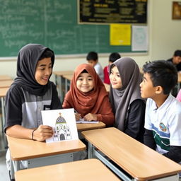 A classroom setting with desks and chairs, featuring students Budi (Muslim), Rina (Christian), Andi (Muslim), and other students