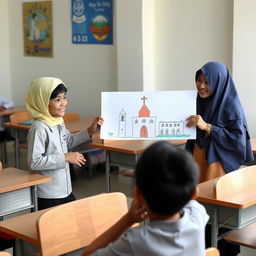 A classroom setting with desks and chairs, featuring students Budi (Muslim), Rina (Christian), Andi (Muslim), and other students