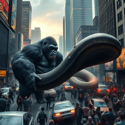 A colossal gorilla engaged in a fierce battle with a gigantic anaconda in the heart of a bustling city