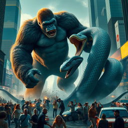 A colossal gorilla engaged in a fierce battle with a gigantic anaconda in the heart of a bustling city