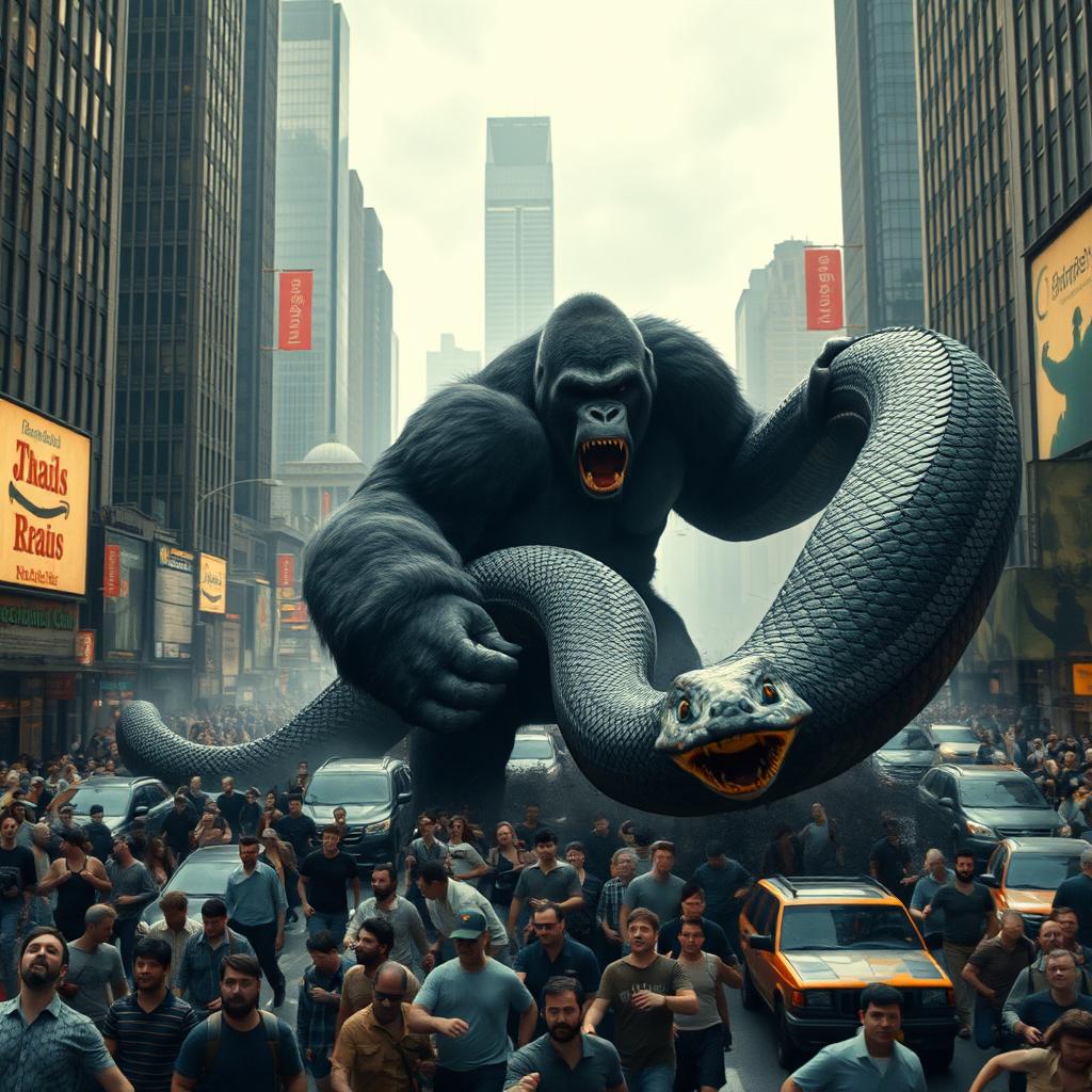 A colossal gorilla engaged in a fierce battle with a gigantic anaconda in the heart of a bustling city