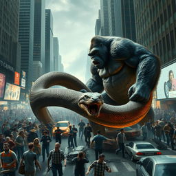 A colossal gorilla engaged in a fierce battle with a gigantic anaconda in the heart of a bustling city