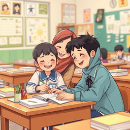 A heartwarming scene set in a primary school classroom filled with desks cluttered with books and stationery