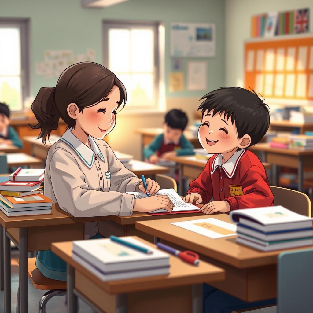 A heartwarming scene set in a primary school classroom filled with desks cluttered with books and stationery