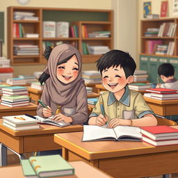 A heartwarming scene set in a primary school classroom filled with desks cluttered with books and stationery