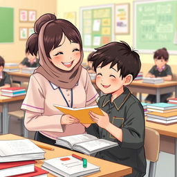 A heartwarming scene set in a primary school classroom filled with desks cluttered with books and stationery