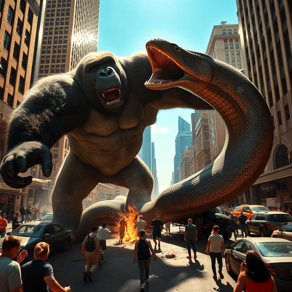 A colossal gorilla engaged in a fierce battle with a gigantic anaconda in the heart of a bustling city under a bright, sunny day