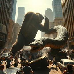 A colossal gorilla engaged in a fierce battle with a gigantic anaconda in the heart of a bustling city under a bright, sunny day