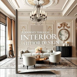 A stylish and elegant book cover design for a book titled 'A Journey Through the World of Interior Design'