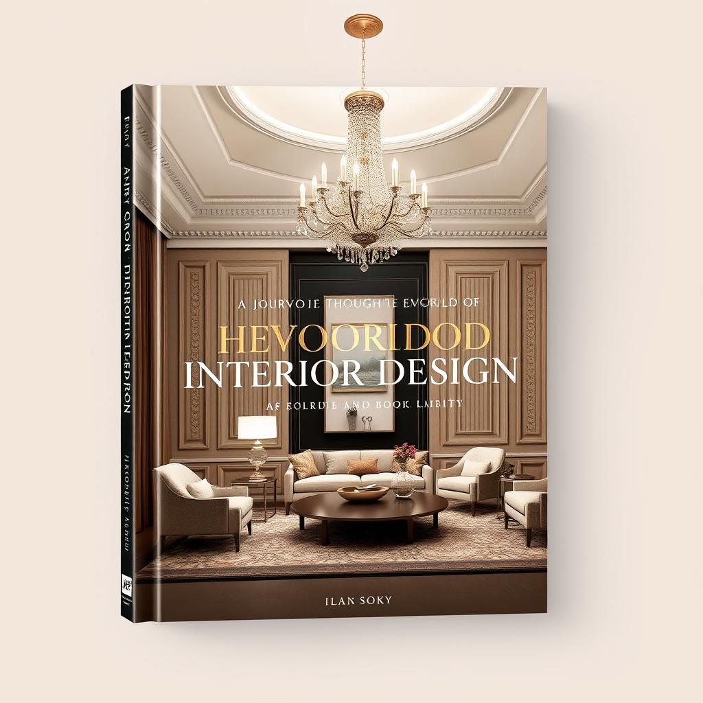 A stylish and elegant book cover design for a book titled 'A Journey Through the World of Interior Design'