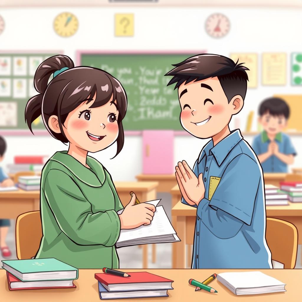 A heartwarming classroom scene illustrating the act of gratitude among young students