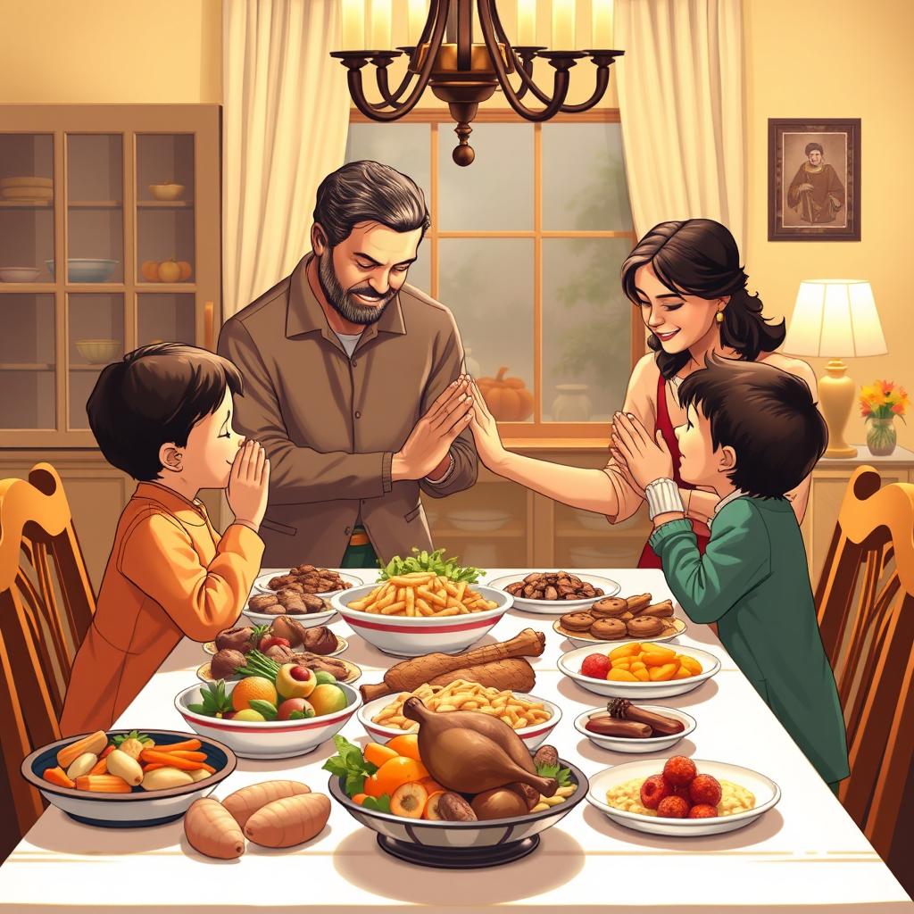 A harmonious family scene set in a warm, inviting dining room