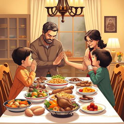 A harmonious family scene set in a warm, inviting dining room