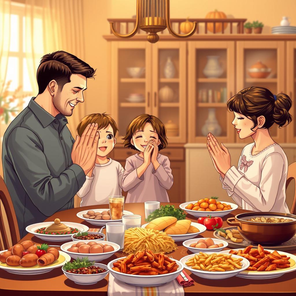 A harmonious family scene set in a warm, inviting dining room