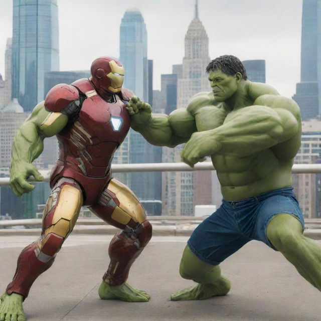 An intense duel between a powerful, green-skinned Hulk and a technologically advanced Iron Man in a vivid metropolitan backdrop