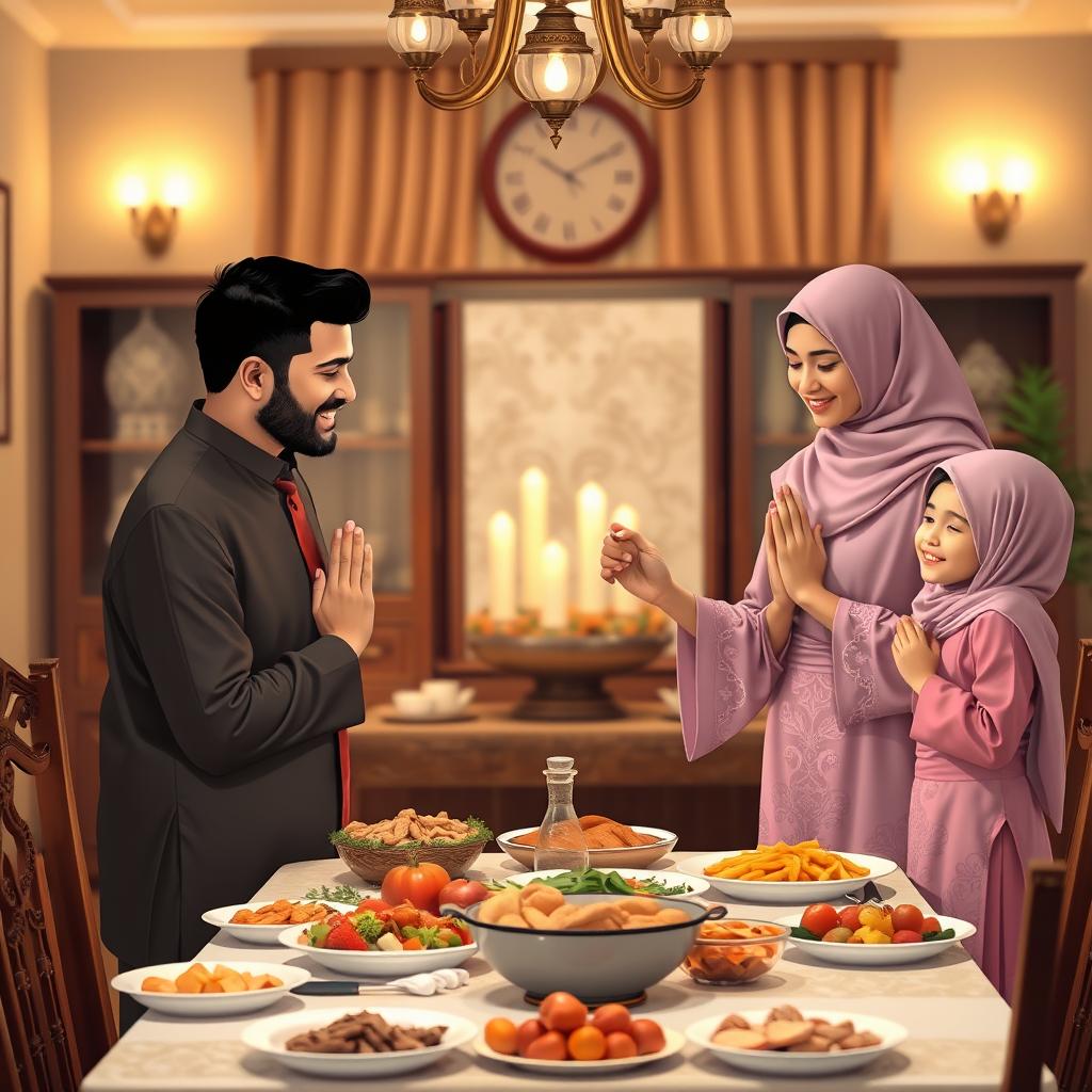 A harmonious Muslim family scene set in a warm, inviting dining room