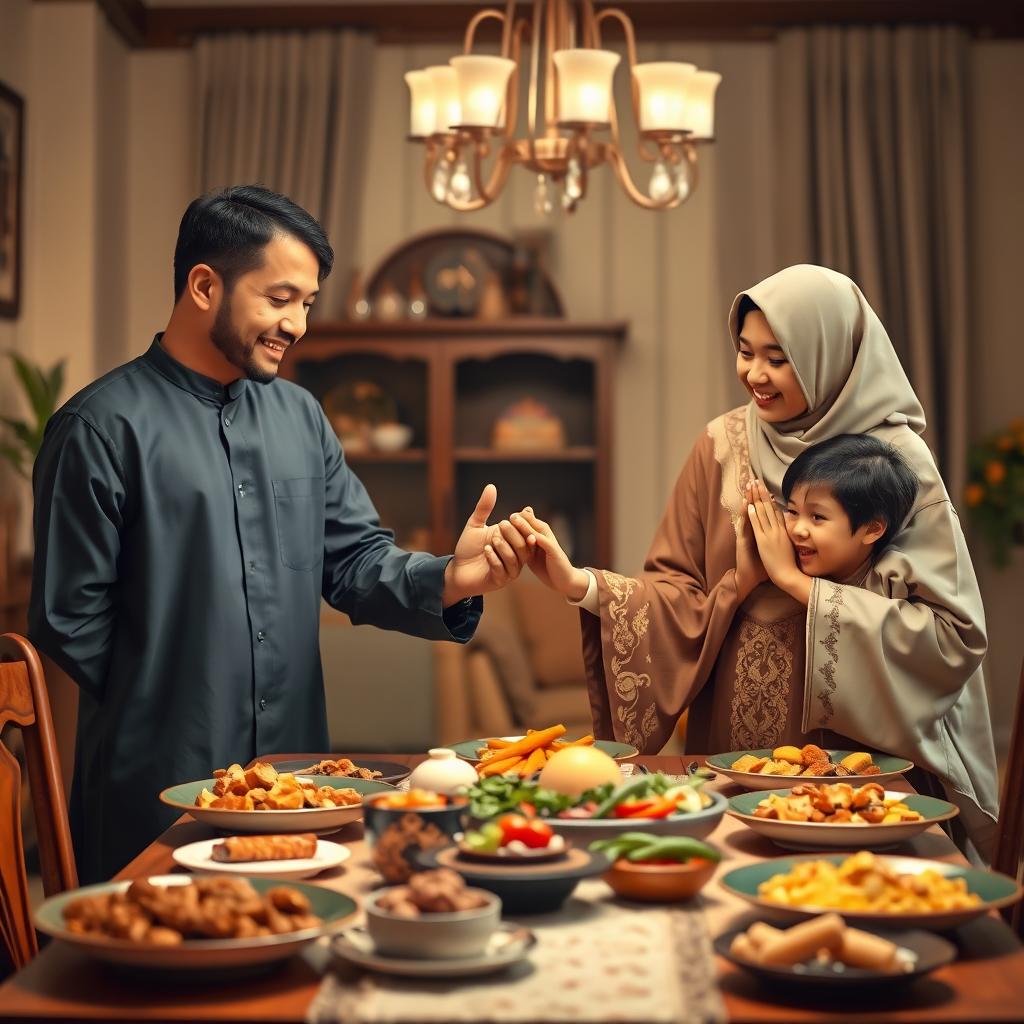 A harmonious Muslim family scene set in a warm, inviting dining room