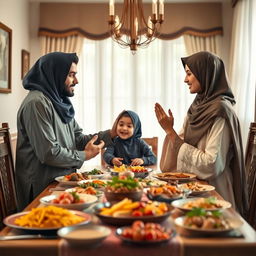 A harmonious Muslim family scene set in a warm, inviting dining room