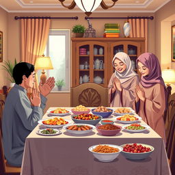 A harmonious Muslim family scene set in a warm, inviting dining room