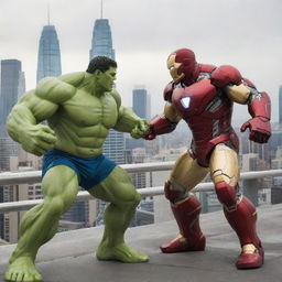 An intense duel between a powerful, green-skinned Hulk and a technologically advanced Iron Man in a vivid metropolitan backdrop