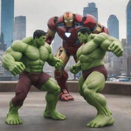 An intense duel between a powerful, green-skinned Hulk and a technologically advanced Iron Man in a vivid metropolitan backdrop